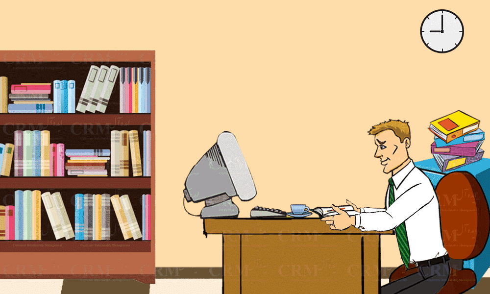 صحنه چهارم - داستان مصور جهت معرفی نرم افزار ارتباط با مشتری ایده آل - CRMIdeal- CRM ایده آل - دغدغه های ذهنی یک کارمند یا نیروی فروش در حین کار